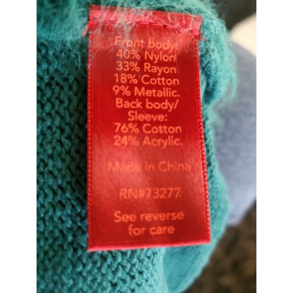 Jennifer Lopez XXL Dolman Sleeve Metallic Thread Faux Fur Teal Pullover Sweater - Picture 7 of 7